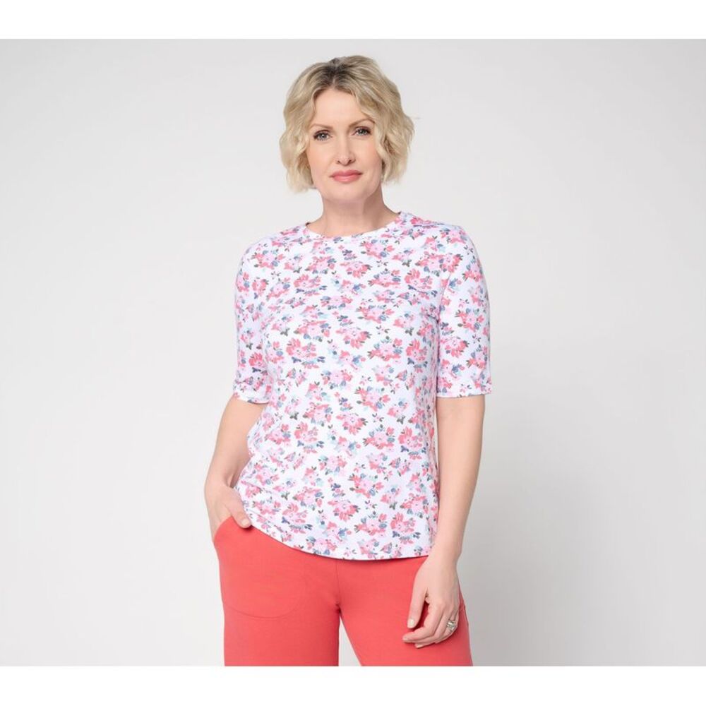 Liberare Women's Top Sz M Denim & Co. Printed Favorite Jersey Elbow White